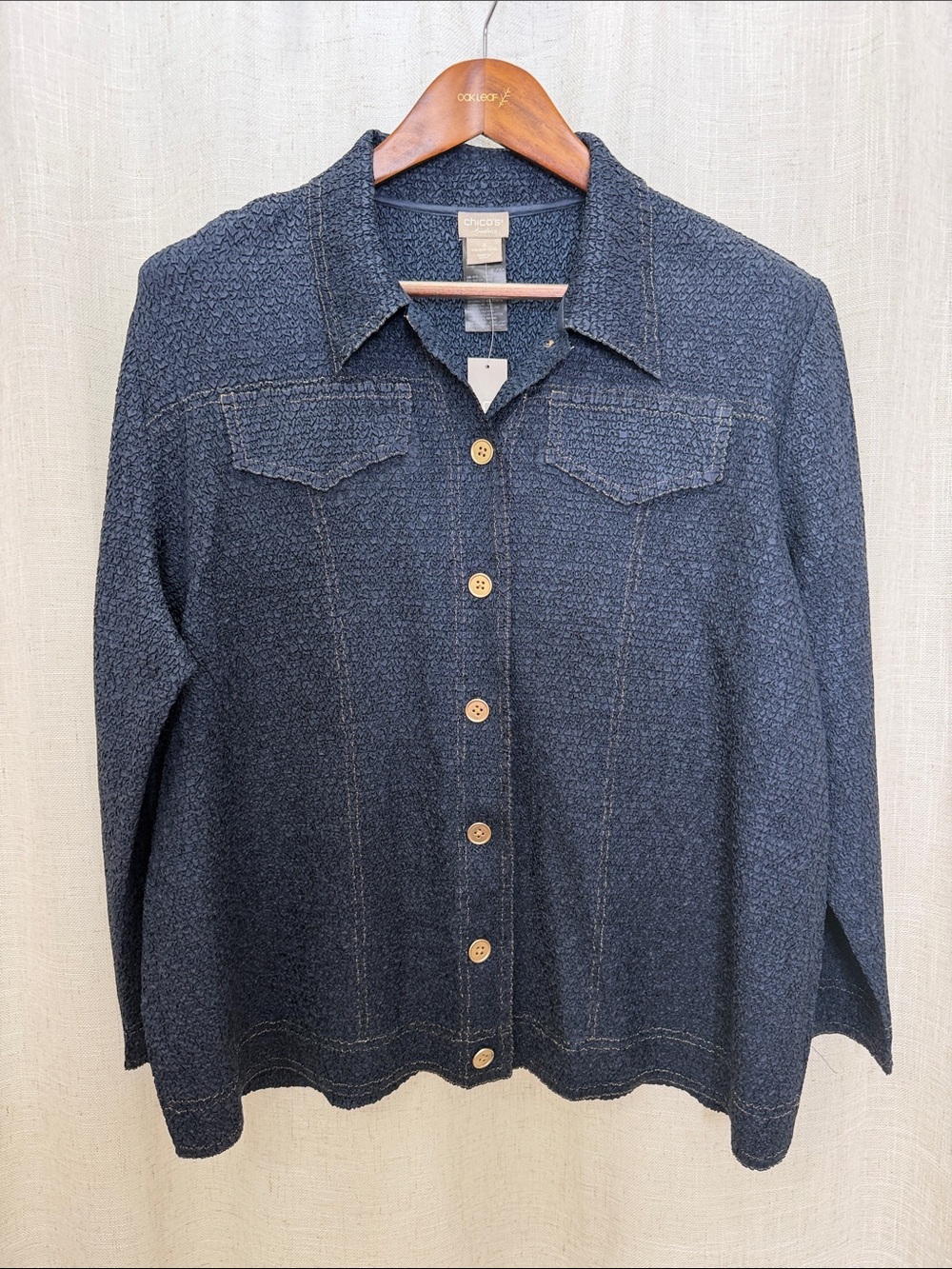 Chico’s Traveler’s Navy Textured Button-Front Shirt Jacket Size 16-18 Brand New